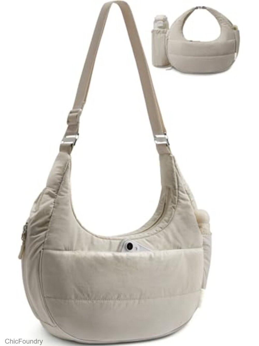 Puffer Crossbody Bag for Women with Water Bottle Holder, 7L Multi-Pocket Travel